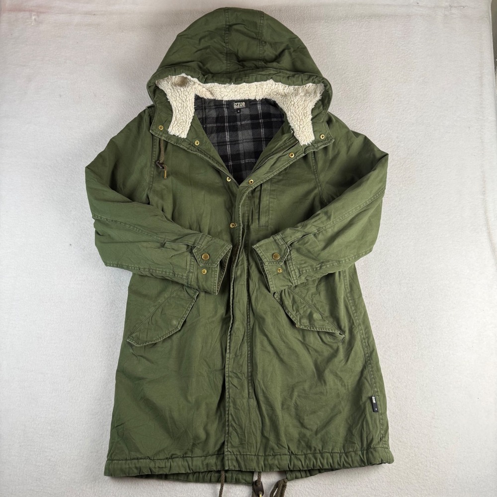 Izzue Womens Olive Green Hooded Parka Jacket Plaid Lined Fishtail Size M